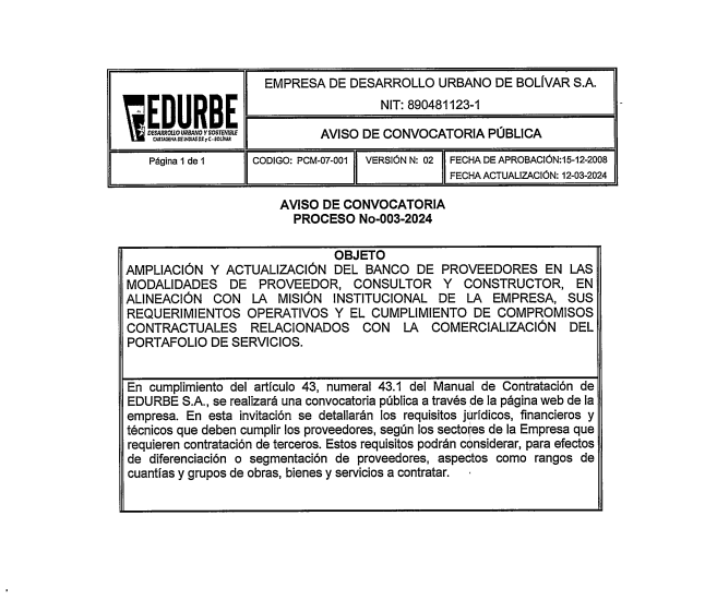 AVISO DE CONVOCATORIA PUBLICA 003-2024